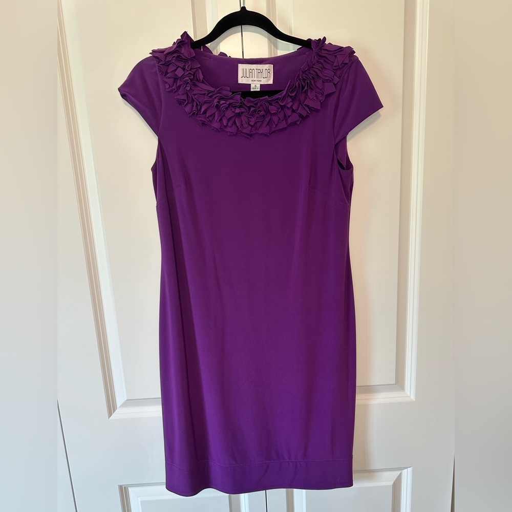 Julian Taylor Purple Ruffled Sheath Dress for Wedding Guest